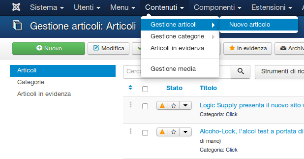 Schermata gestione articoli di Joomla 3.x